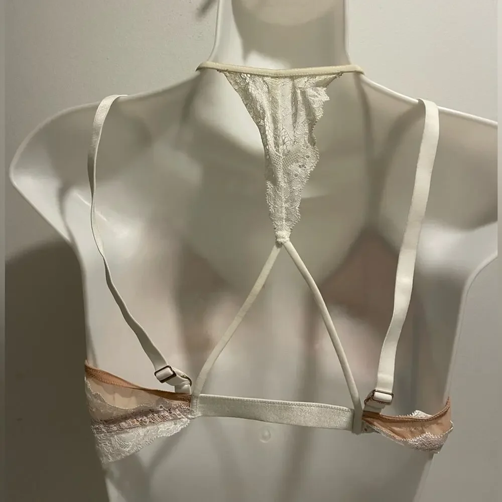 Soma Brand Tell Tale Wireless Bralette Tan & White Lace Size Medium